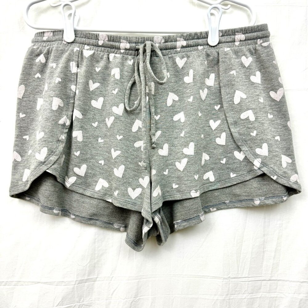Heart Print Drawstring Elastic Waist Sleep Shorts Women XL Gray Love & Cherish